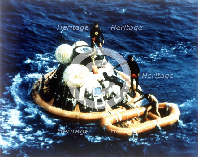 Recovery of command module 'Columbia' in the Pacific Ocean, Apollo II mission, 24 July 1969. Creator: NASA.