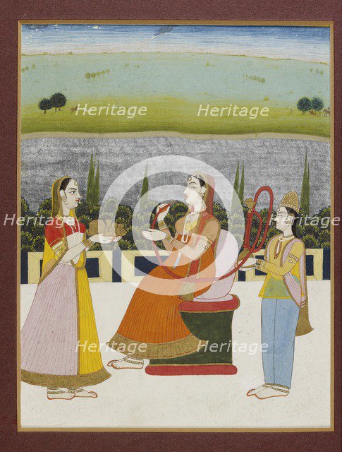 A lady seated smoking on a terrace, with two attendants, 19th century (1801-1900). Artist: Unknown.