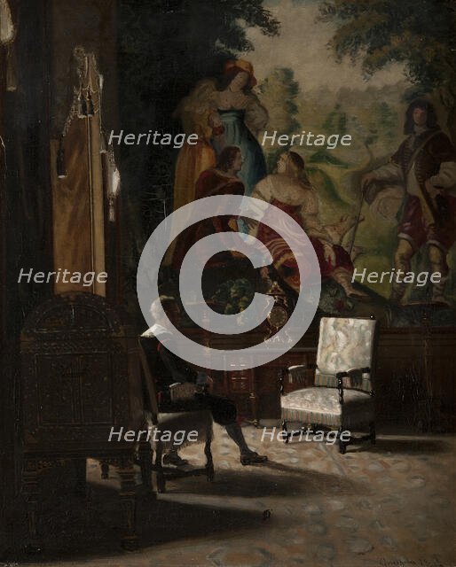 Gripsholm, interior from the King's bedchamber with male staffage figure. Creator: Edvard Perseus.