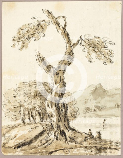Large Tree with Lake and Mountains in Background, n.d. Creator: Thomas Barker.