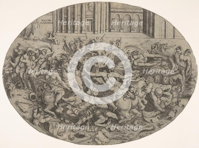 Combat between Amazons and men in front of architectural arcades, an oval composition with..., 1543. Creator: Enea Vico.