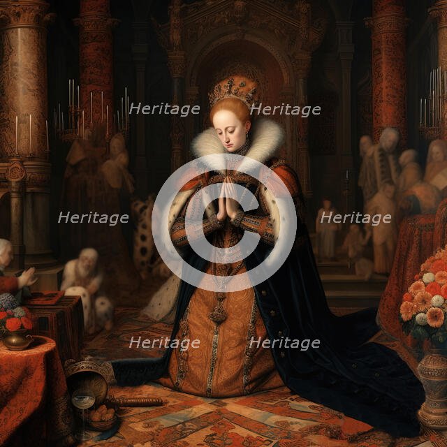 AI IMAGE - Portrait of Queen Elizabeth I in prayer, 16th century, (2023). Creator: Heritage Images.