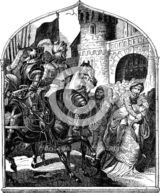 The siege of Weinsberg's castle and the loyal women 1140 (Illustration from the Geschichte des deutschen Volkes by E. Duller), 1840. Artist: Kirchhoff, Johann Jakob (1796-1848)