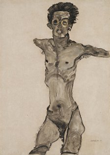 Nude Self-Portrait in Gray with Open Mouth.