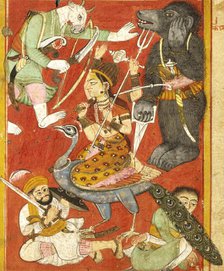 Vaishnavi and Varahi Fighting Asuras(Recto), Kumari Fighting Asuras(Verso)..., between 1675 and 1700 Creator: Unknown.