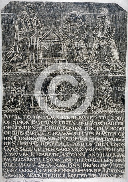 Brass rubbing from the Church of St Andrew Undershaft, Leadenhall Street, London, c1820. Artist: Anon