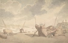Harbor scene with the tide out, and beached boats, 1775-1827. Creator: Thomas Rowlandson.