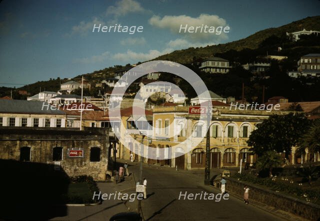 View down the main street from the Grand Hotel, Charlotte Amalie, St. Thomas Island, V.I., 1941. Creator: Jack Delano.