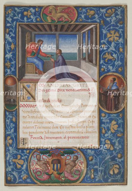 Leaf from a Commission: St. Mark Giving the Keys of Venice to Francesco de Priuli, c. 1523-1524. Creator: Benedetto Bordone (Italian).