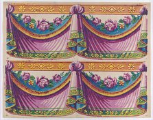 Sheet with two borders with purple drapery and floral designs, late ..., late 18th-mid-19th century. Creator: Anon.