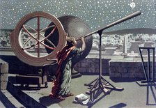 Hipparchus, Greek astronomer studying the stars at the observatory of Alexandria, lithograph, 1865.