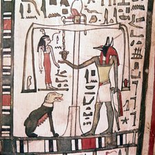 Anubis weighing the heart, detail from Sarcophagus of Pensenhor, c900 BC.   Artist: Unknown.