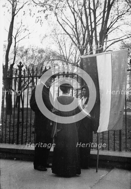 Woman Suffrage - David Starr Jordan And Wife Talking with White House Picket, 1917. Creator: Harris & Ewing.