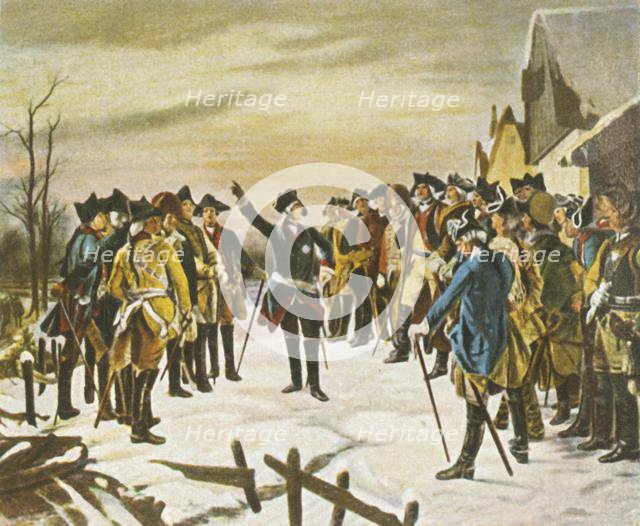 Frederick the Great makes a speech...on the eve of the Battle of Leuthen, 5 December 1757, (1936). Creator: Unknown.