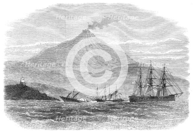 H.M.S. Caledonia and two steamers attempting to tow H.M.S. Psyche...,Sicily, 1871. Creator: Unknown.