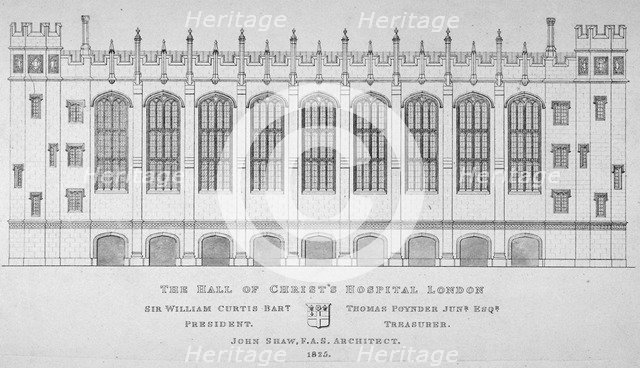 Elevation of the hall of Christ's Hospital, City of London, 1825. Artist: Anon