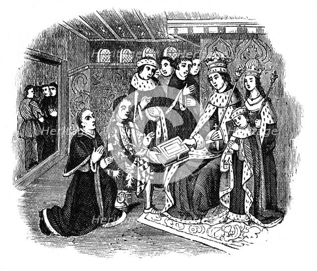 Lord Rivers and Caxton before Edward IV, 15th century, (1910). Artist: Unknown