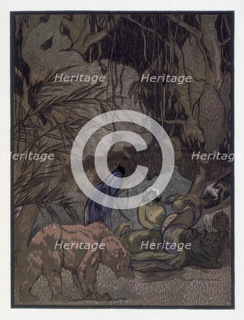 Mowgli, Baloo and other animals; scene from "The Jungle Book", 1919. Creator: Paul Jouve.