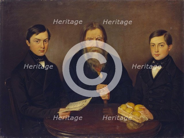 Merchant Smurov with sons, 1840s. Artist: Anonymous  