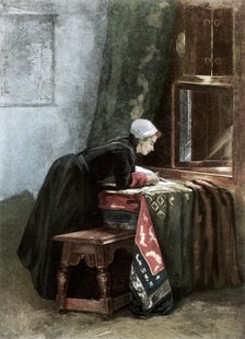 'A Dutchwoman Cutting Cloth', 1889. Artist: Unknown