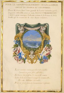 Escutcheon with a Landscape; Nine Emblems for Louis XIV; Emblem for Louis XIV, about 1663-1668. Creator: Jacques Bailly.