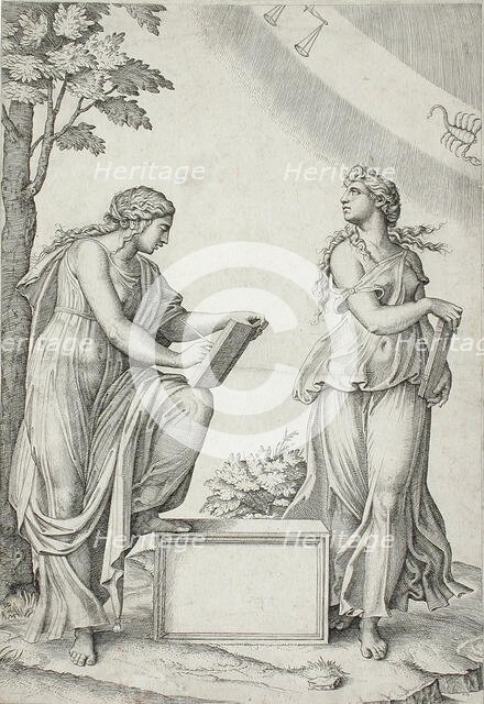 Two Sibyls with Signs of Zodiac, between 1517 and 1520. Creator: Marcantonio Raimondi.