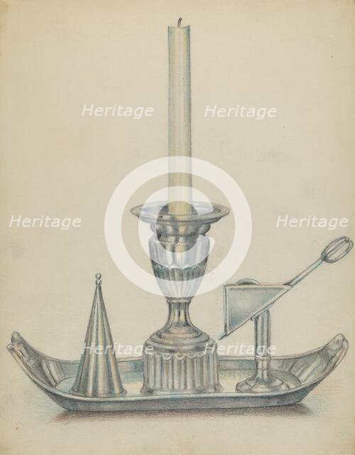 Silver Candlestick with Two Snuffers, c. 1936. Creator: Herbert Russin.