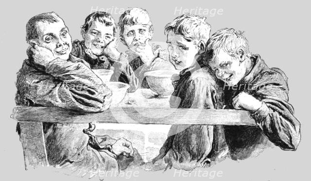 ''Free Dinners to Poor Children at the King Edward's Mission, Whitechapel', 1890. Creator: Unknown.