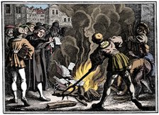 Martin Luther burning the Papal Bull, 1520. Artist: Unknown.
