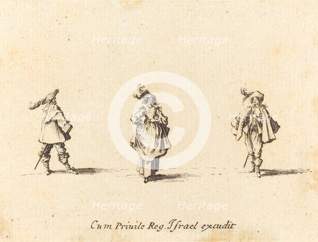 Lady with Plumes, and Two Gentlemen, probably 1634. Creator: Jacques Callot.