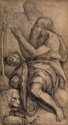 Saint Jerome kneeling before a crucifix, with a skull and lion, ca. 1550-60. Creator: Battista Franco Veneziano.