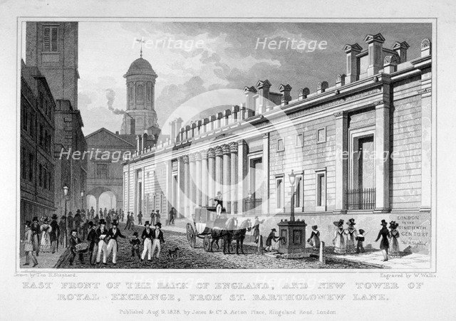 The Bank of England and new tower of the Royal Exchange, City of London, 1828. Artist: W Wallis