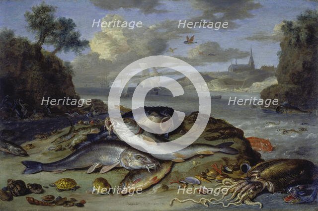 Still Life with Fish and Sea Animals in a Coastal Landscape, 1661. Creator: Jan van Kessel.