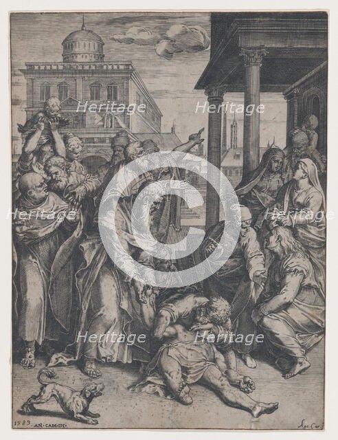 Saint Paul raising Patroclus who is on the ground, surrounded by a group of onlookers, ..., 1583. Creator: Agostino Carracci.