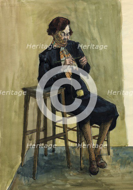 Woman knitting, c1950. Creator: Shirley Markham.