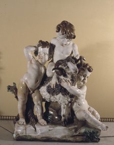 Three children with a goat, porcelain from the Buen Retiro.