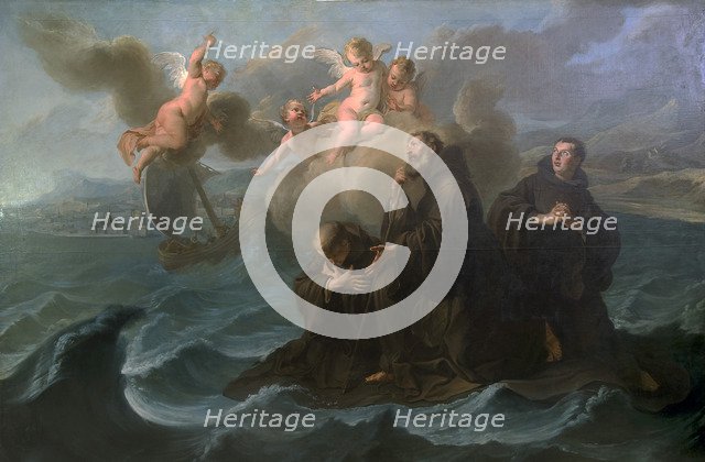 Saint Francis of Paola and his companions cross the strait to Messina on his cloak, 1723.