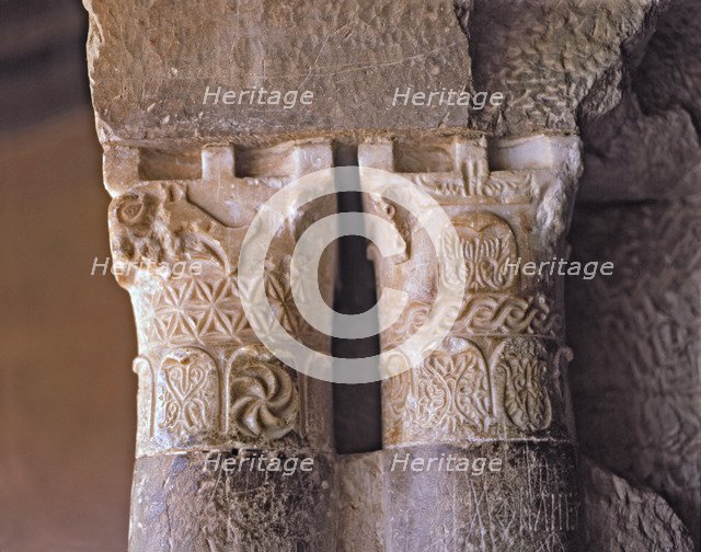 Visigothic capitals in alabaster, located in the mozarab arch in the entrance of the church of th…