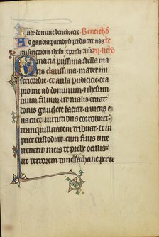 Initial O: A Young Man and a Devil before the Virgin and Child; Ruskin Hours, about 1300. Creator: Unknown.