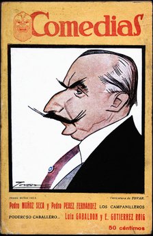 Cover of the publication 'Comedias'. Caricature of Pedro Muñoz Seca (1879-1936). Siglo XX publish…