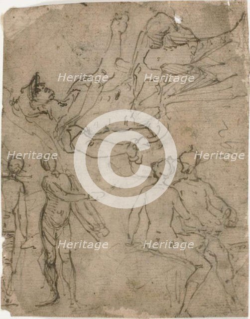 Sketches of Seated Warrior, Various Figures, 1585/95. Creator: Bernardo Castello.