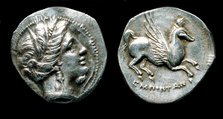 Drachma from Emporion. Obverse: Head of Persephone. Reverse: Pegasus, Third cent. BC. Artist: Numismatic, Ancient Coins  