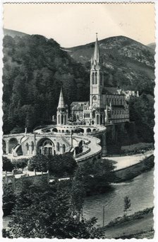 Basilica and River Gave, Lourdes, 1930s. Creator: Unknown.