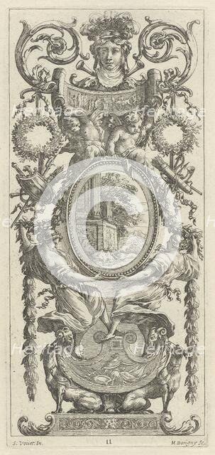 Ornamental Panel Surmounted with a Head Flanked by Foliage, 1647. Creator: Michel Dorigny.
