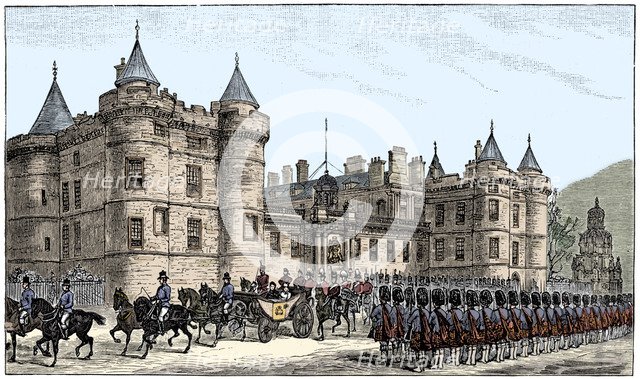 The queen leaving Holyrood Palace, Edinburgh, 1886, (1900). Artist: Unknown.