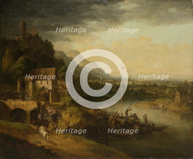 River Landscape with Barge, 18th century. Creator: Circle of Christian Georg Schutz the Elder.