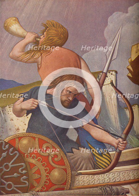 'King Alfred's long-ships defeat the Danes 877', 1925-1927. Artist: Colin Unwin Gill.