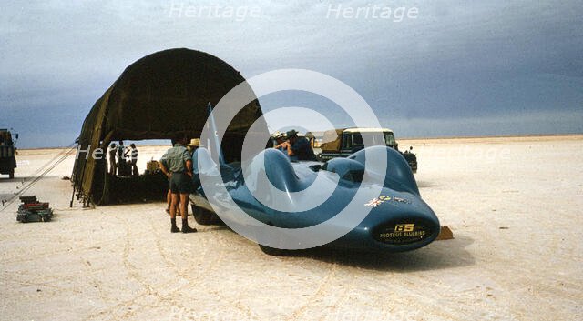Bluebird CN7 in temporary canvas hangar for World Record attempt, Lake Eyre, Australia, 1964. Creator: Unknown.