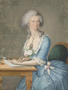 Lady sitting at the table writing, c1790. Creator: Unknown.