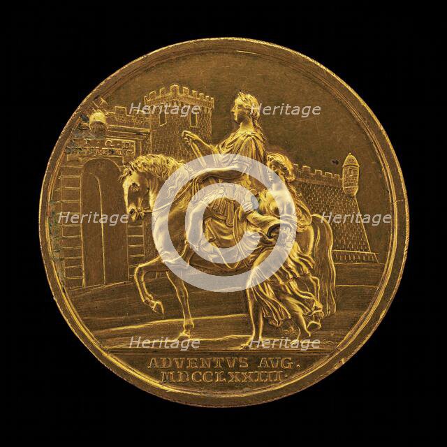 Emperor Joseph II and Abundance Approaching a City Gate [reverse], 1773. Creator: Johann Martin Krafft.